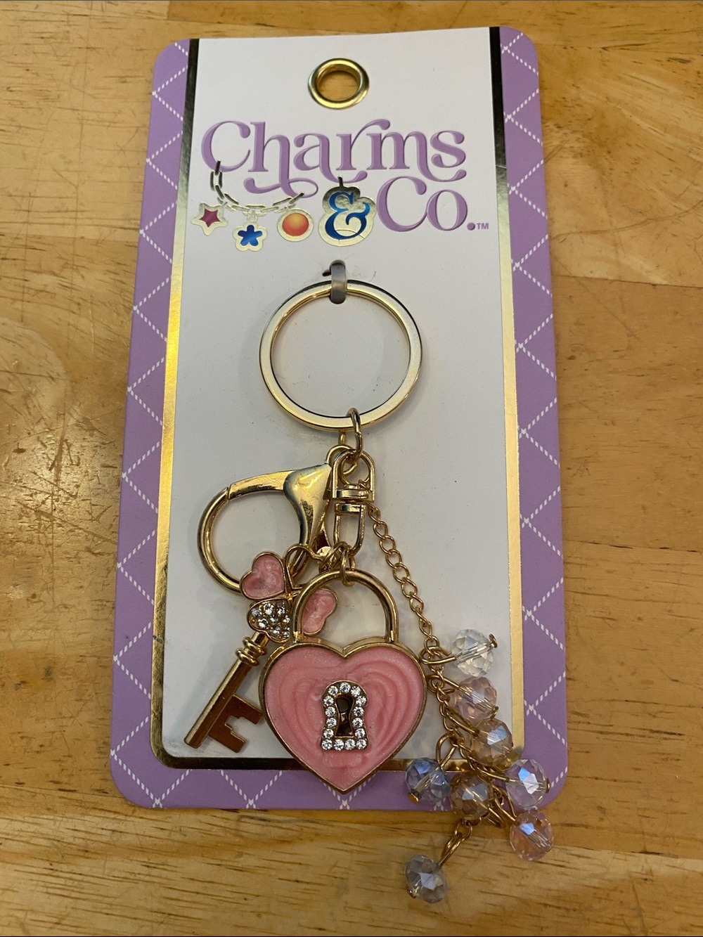 Pink & gold Heart lock & key with Crystal Accents bag charm keychain NWT